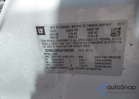 2017 Chevrolet Equinox Lt z USA, uszkodzony, nr VIN 2GNALCEK0H1599349